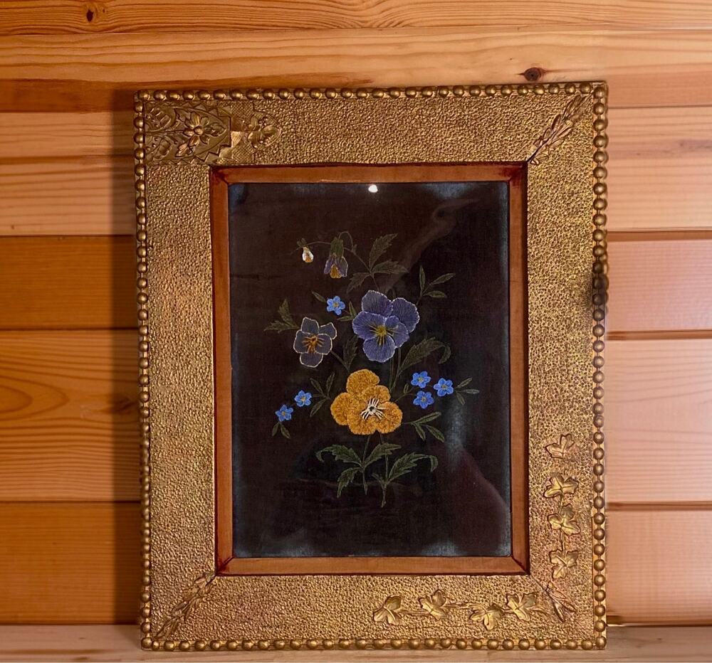 Antique 1880s Velvet Pansy Floral Painting Ornate Gilt Frame 23x19